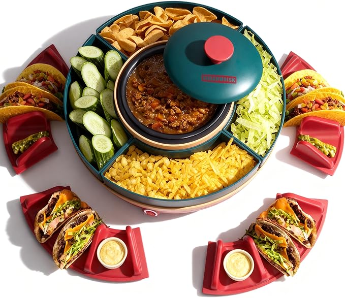 SugarWhisk Lazy Susan Taco Bar & Condiment Containers with Lids, 4 Taco Holders for Taco Tuesday Kit, Fondue Pot for Taco ...