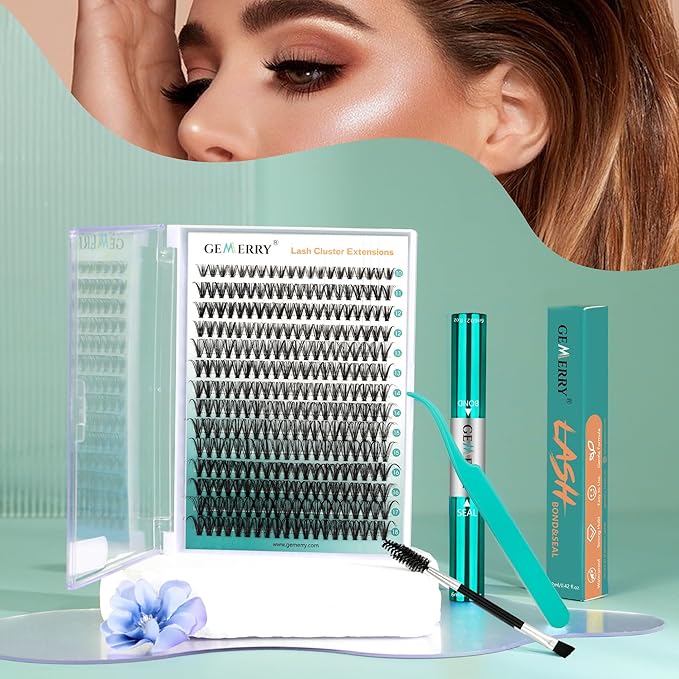 GEMERRY Lash Extension Kit DIY 280pcs Lash Clusters Kit Eyelash Extension Kit D Curl Individual Lashes Kit with Lash Bond and Seal Lash Tweezers for Self Use（30P+40P-10-18mm)