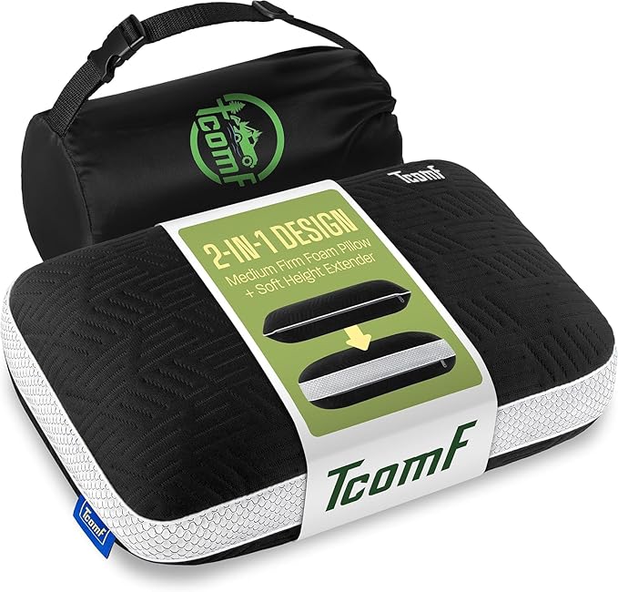 TCOMF Camping Pillow: Dual Cover, Memory Foam Travel Pillow, Medium Firm Camp Pillow, Camping Pillows for Sleeping, 5 Laye...