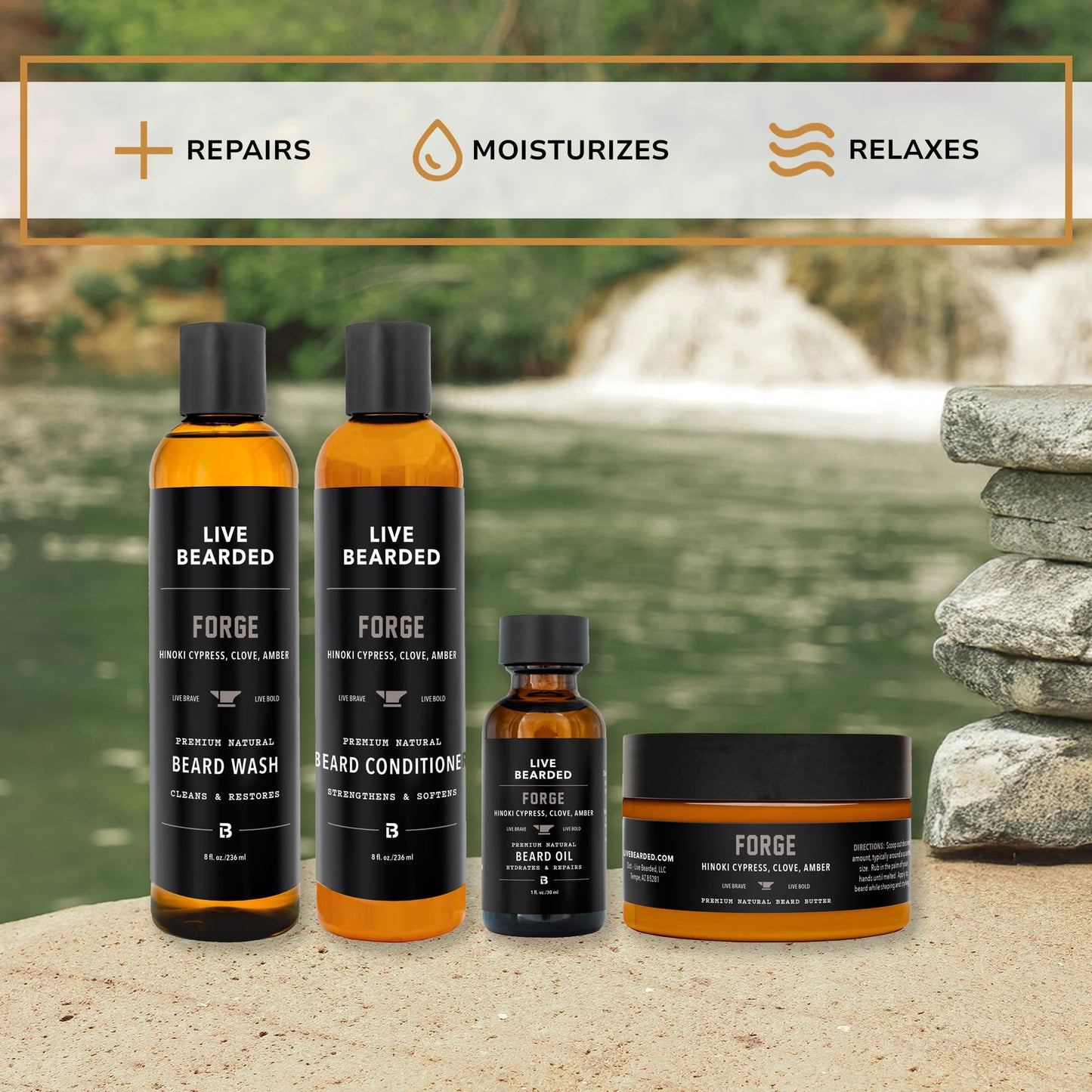 Live Bearded Complete Beard Grooming Kit, Made in the USA with All-Natural Ingredients - Beard Wash, Conditioner, Beard Butter &