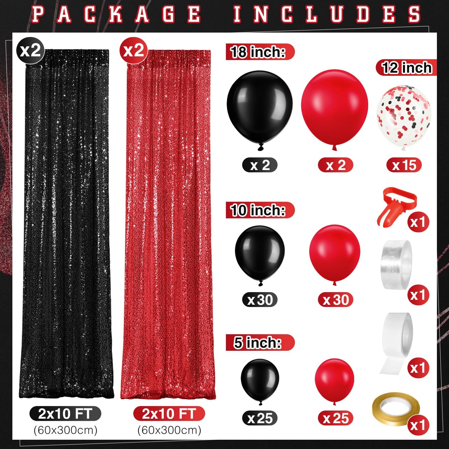 SmoothNovelty 137 Pcs Red Black Backdrop Kits 4 Sequin Backdrop Curtain 133 Balloon Garland Kit Photo Prop Background for Anniversary Birthday Halloween Christmas Movie Night Car Party Decoration