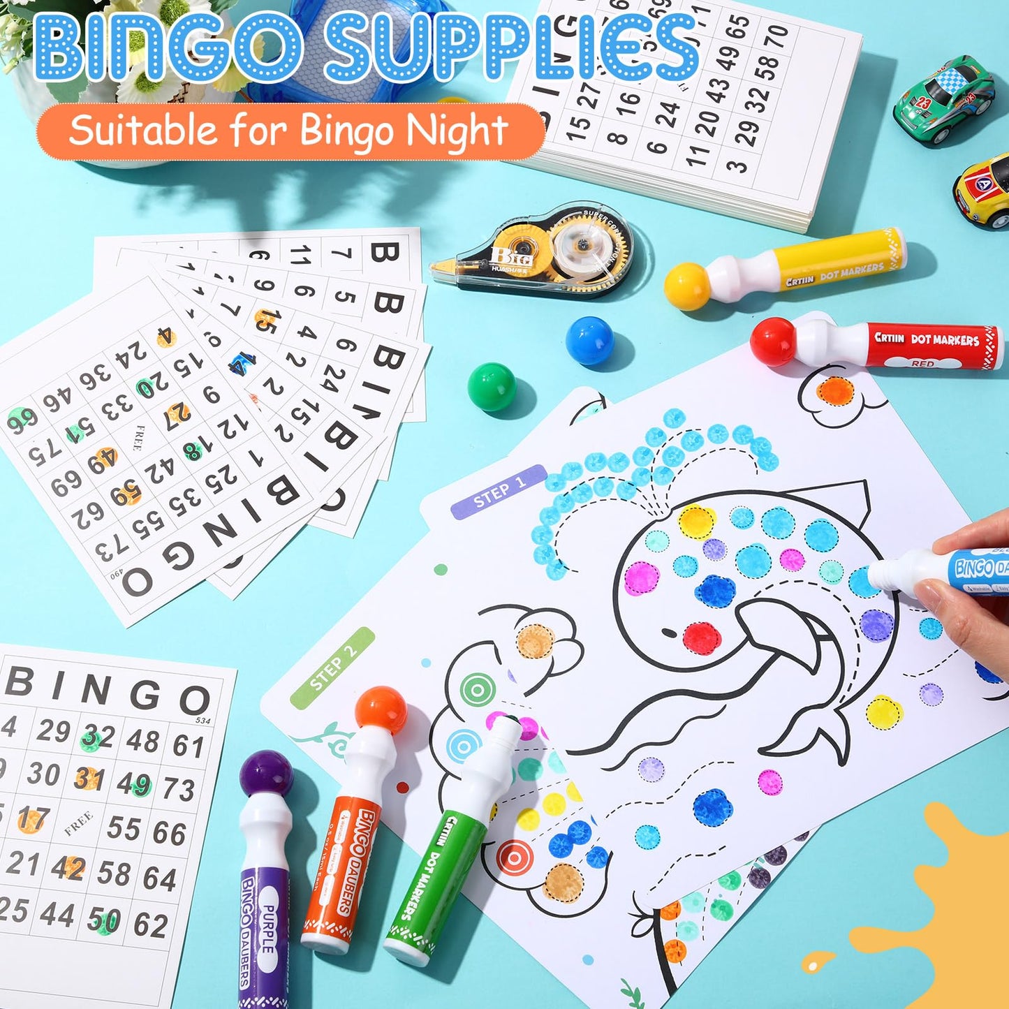 Crtiin 204 Pack Bingo Game Cards and Bingo Daubers Set Includes 180 Disposable Paper Game Sheets, 24 Mixed Colors Dot Markers Party Supplies for Card Games Activity Family Gathering Night