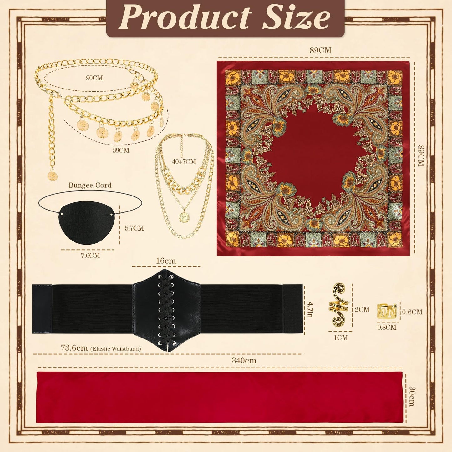 Vermeyen 8 Pcs Pirate Costume Accessories for Women with Head Scarf Wrap Pirate Corset Eye Patch Necklace Sash Chain Belt