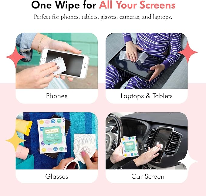 Well-Kept Tech & Lens Wipes - Eyeglass, Screen & Phone Cleaning, Multi-Surface, Lint-Free, Pre Moistened, Streak-Free & Non Scratching - All Smiles, 6 Pack (90 Count)
