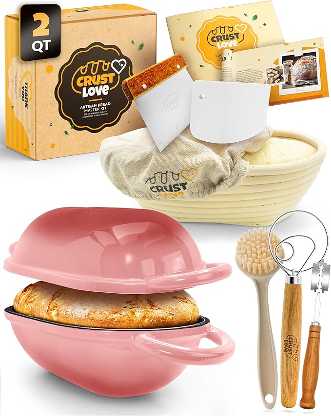 Loaf Pan for Bread Baking - incl. Sourdough Bread-Baking Supplies like Banneton Bread-Proofing Basket - 2QT Enameled Oval Cast Iron Dutch Oven, Bread-Oven, Sour Dough Bread-Banking-Pan Tools