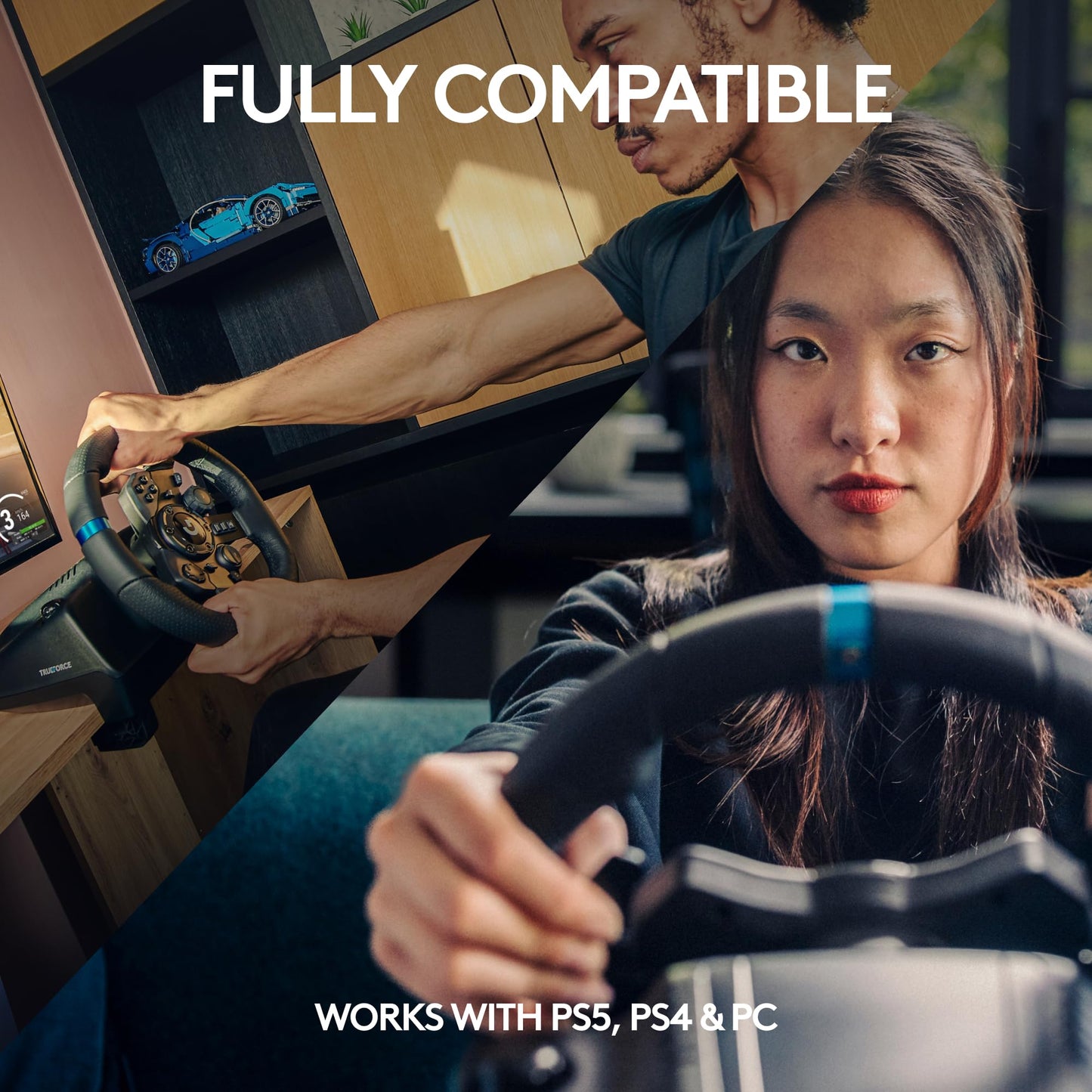 Logitech G923 Racing Wheel and Pedals, TRUEFORCE up to 1000 Hz Force Feedback, Gaming Steering Wheel PS5, PS4, PC, Mac, Genuine Leather- Black