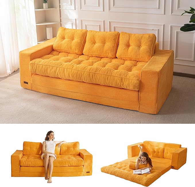 MAXYOYO Convertible Sofa Bed, Pull Out 3 Seater Sleeper Sofa, 2 in 4 Folding Couch Bed, Fold Out Floor Couch with Pillows for Living Room Bedroom Lounge, Orange