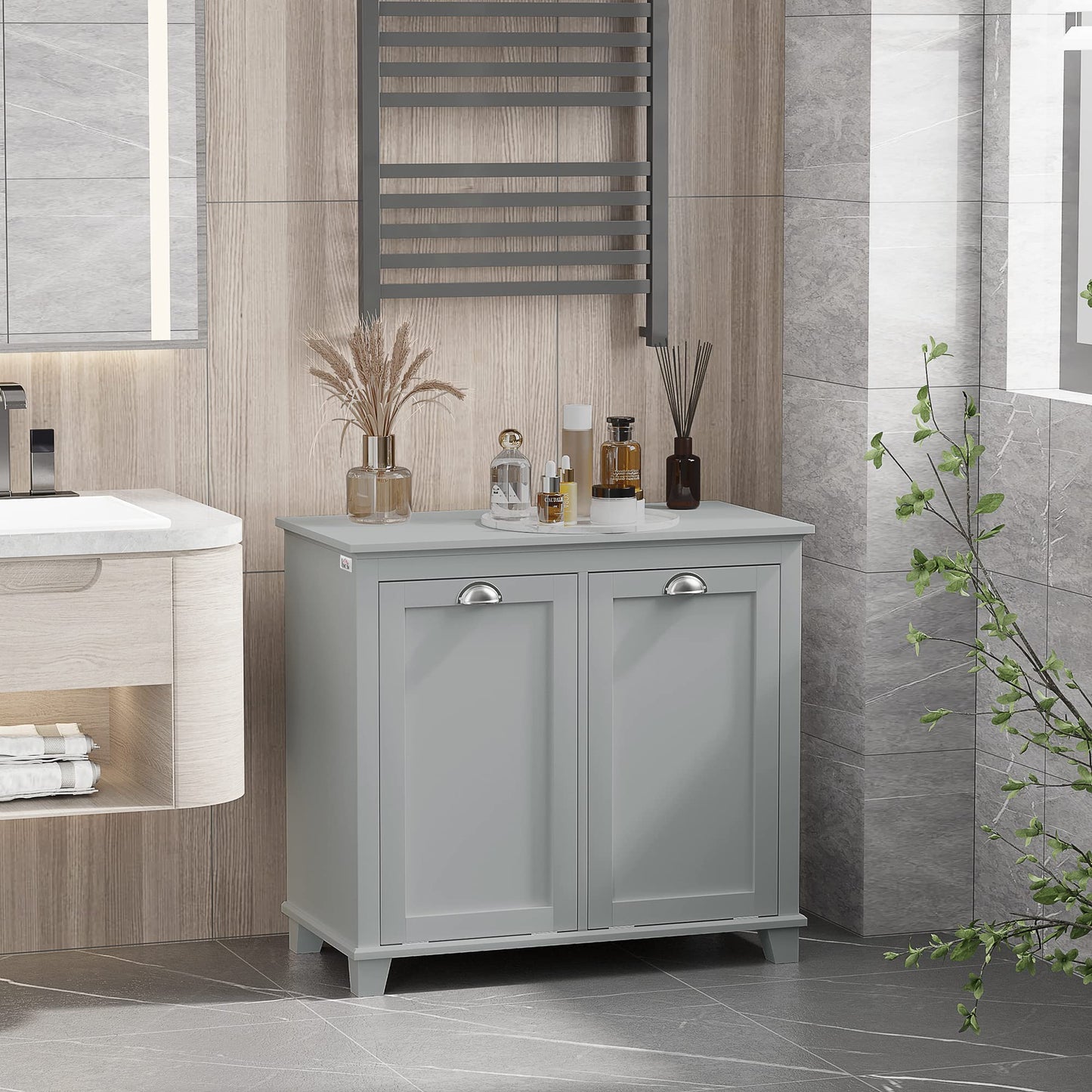 Tilt-Out Laundry Sorter Cabinet, Bathroom Storage Organizer with Two-Compartment Tilt-Out Hamper, Gray