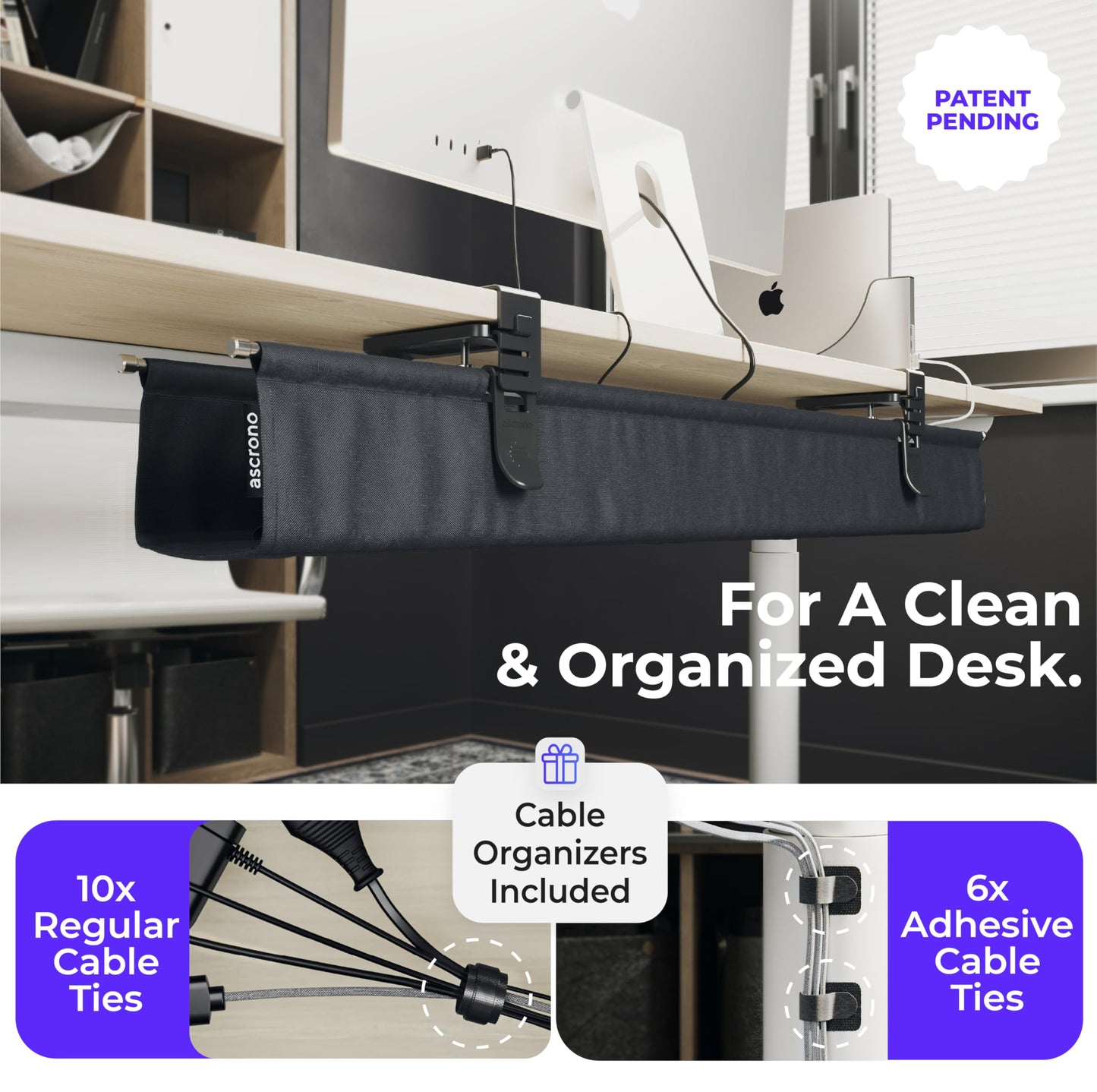 Ascrono Original No Drill Under Desk Cable Management Tray 27.3" - Premium Black Fabric Cable Management Under Desk - Clamp/Screw Mount Cord Organizer - Supports Upto 66lbs
