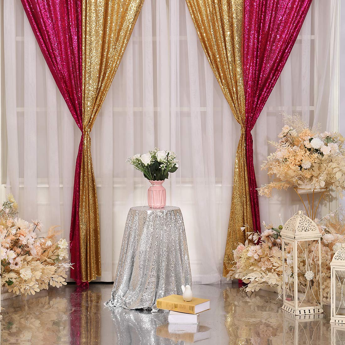 Poise3EHome 2Pcs 3Ft x 8Ft Gold Sequin Backdrop Curtain, Glitter Photography Background, Sequence Xmas Thanksgiving Backdrop for Wedding Party Holiday Festival Decor