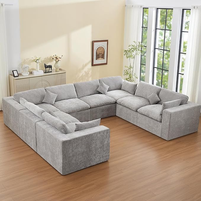 155''Cloud Boneless Sectional Couch, Modular Sectional Sofa Deep Seat, Oversized Upholstered Convertible Comfy 8 Seater Chenille Memory Foam Sofa U Shape Couches for Living Room, Light Grey