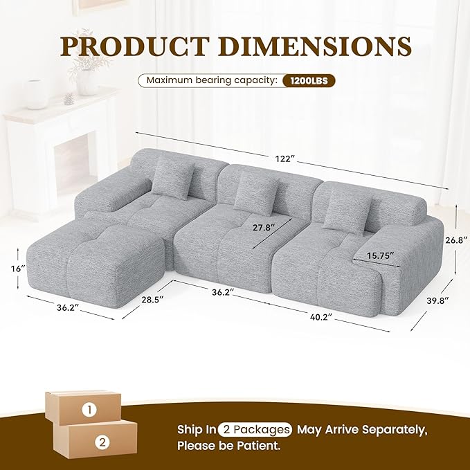 122" L Shaped Convertible Modular Couch, Cloud Couch Sectional with Ottoman, 4-Seater Chenille Boneless Couches for Living Room, Apartment, No Assembly, Light Grey 1PCS