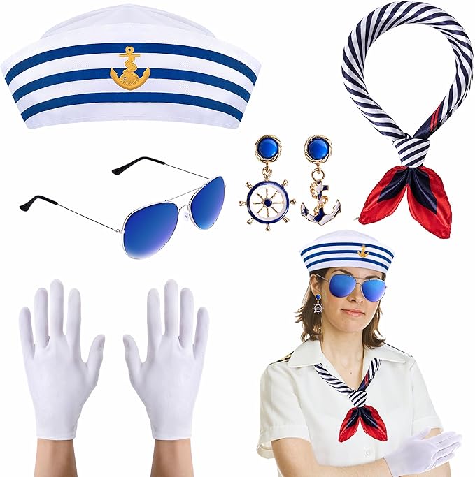 Watayo 5 Pcs Halloween Nautical Sailor Hat and Scarf Cosplay Outfit, Yacht Captain Sailor Cap Scarf Sunglasses Gloves Earr...