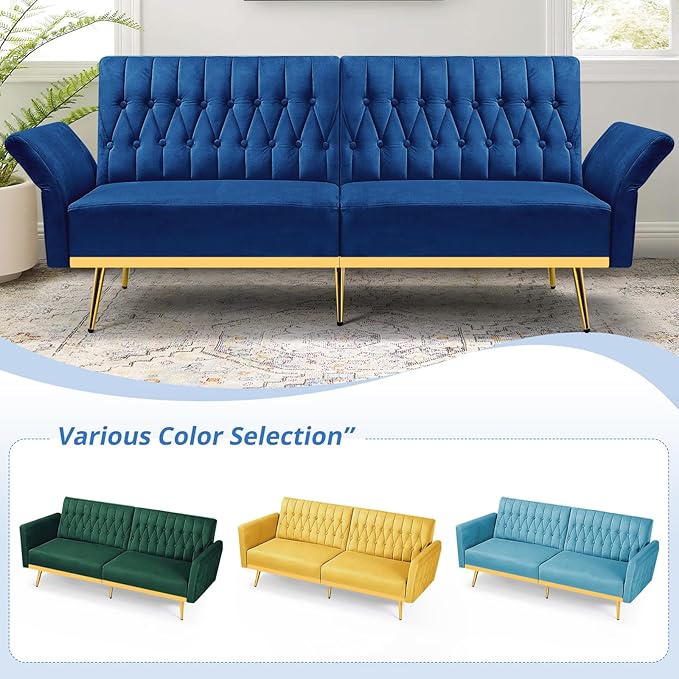 ACMEASE 70” Velvet Futon Sofa Bed w/Adjustable Armrests and Backrest, Convertible Futon Couch w/2 Pillows, Modern Sleeper Bed for Living Room, Bedroom, Blue