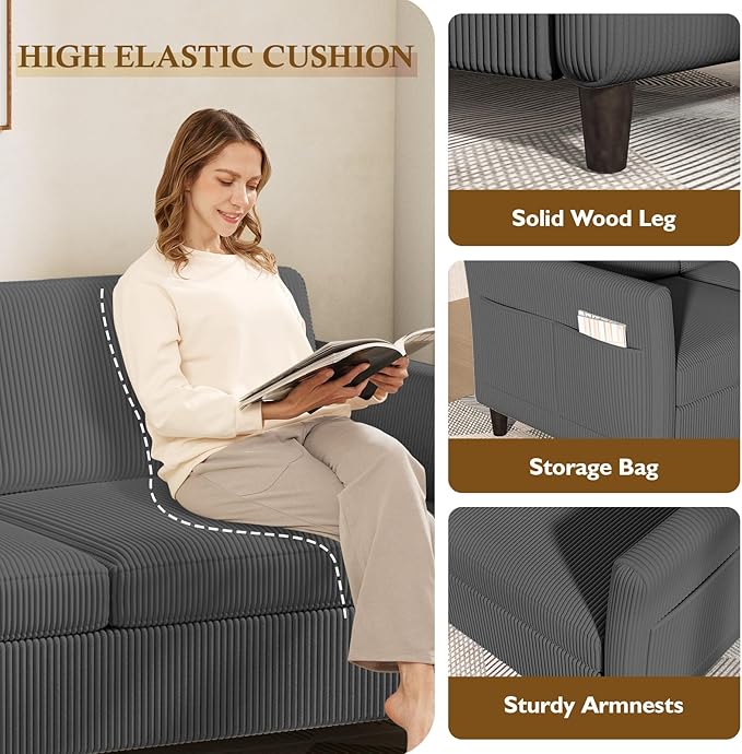 Valthie 79.1" Corduroy Loveseat Sofa, Modern Comfy Couches with Side Pocket, 3-Seater Sofa Couch for Living Room, Bedroom and Small Spaces,Grey