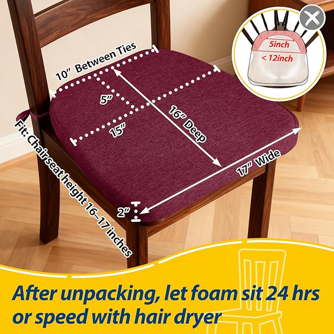 AAAAAcessories D-Shaped Chair Cushions, 2" Thick Dining Chair Pads with Ties and Removable, Machine-Washable Cover, 17" x 16", Set of 8, Wine Red