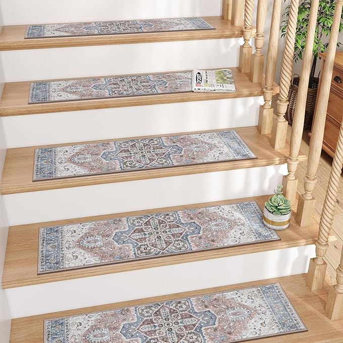OJIA Non-Slip Stair Treads for Wooden Steps 30"x8" Indoor Stair Runner 15PCS Residue-Free Rubber Backed Carpet Stair Treads Staircase Step Treads Stair Rugs Mats for Kids and Dogs, Beige