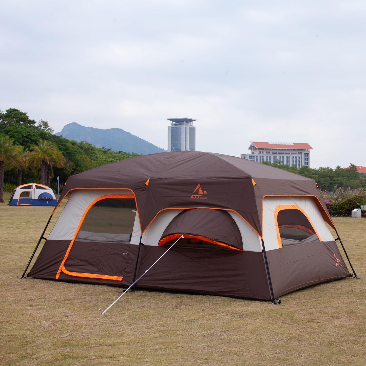 KTT Extra Large Tent 12 Person,2 Bay-Windows,Family Cabin Tents,14'Lx10'Wx6.58'H,2 Rooms and 3 Doors 3 Windows with Mesh,Waterproof,Straight Wall,Big Tent for Outdoor,Picnic,Camping,Gathering(Brown)