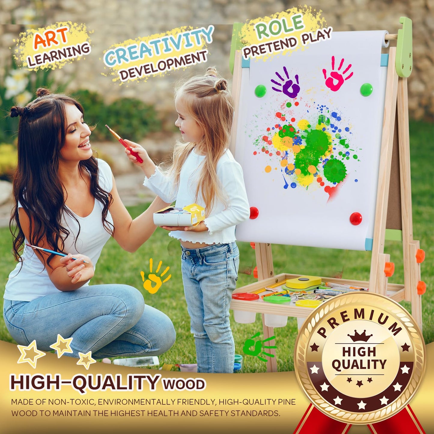 Kids Easel Including 100+ Accessories, Rundad Double Sided Wooden Easel for Kids Age 3-8 with Magnetic Chalkboard & Painting Board, Free Height Adjustable Art Easel Supplies for Toddlers