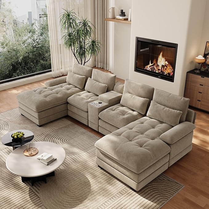 BEQAI 134"U Shaped Sectional Couches for Living Room,Oversized Modular Sectional Fluffy Couch with Chaise Lounge & Tufted Buttons,Modern Chenille 6 Seat Living Room Sofa Set with Storage Console,Camel