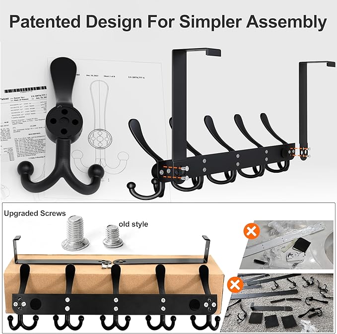 Dseap Over Door Hook 2.0 - Upgraded Version - Simple-Assembly, Strong, Heavy-Duty Stainless Steel 5-Tri-Hook Over The Door Hanger Rack, SimpleStrong Series, Pink