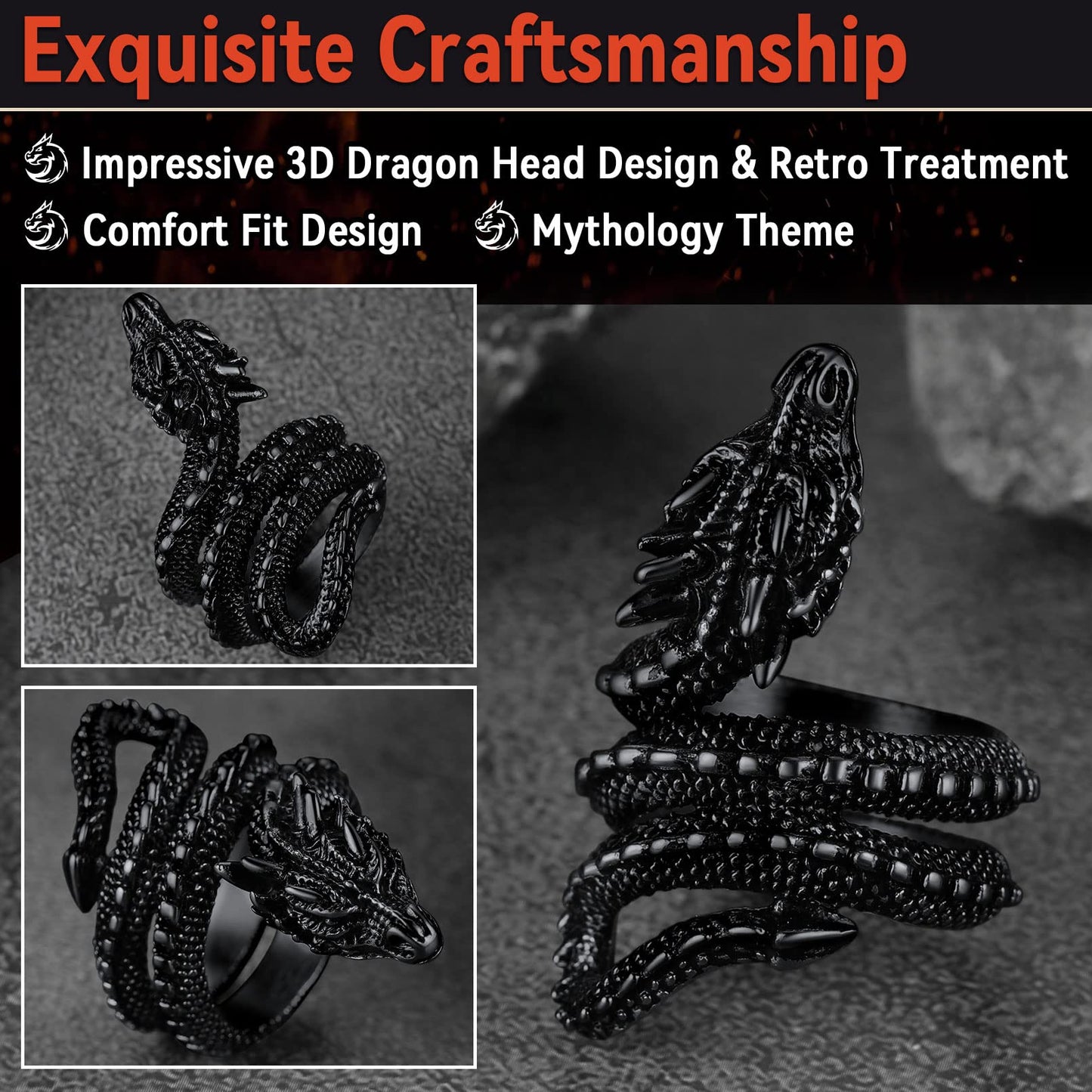 FaithHeart Mens Gothic Rings Stainless Steel Norse Viking Masculine Dragon Biker Ring Punk Retro Vintage Nordic Mythology Jewelr