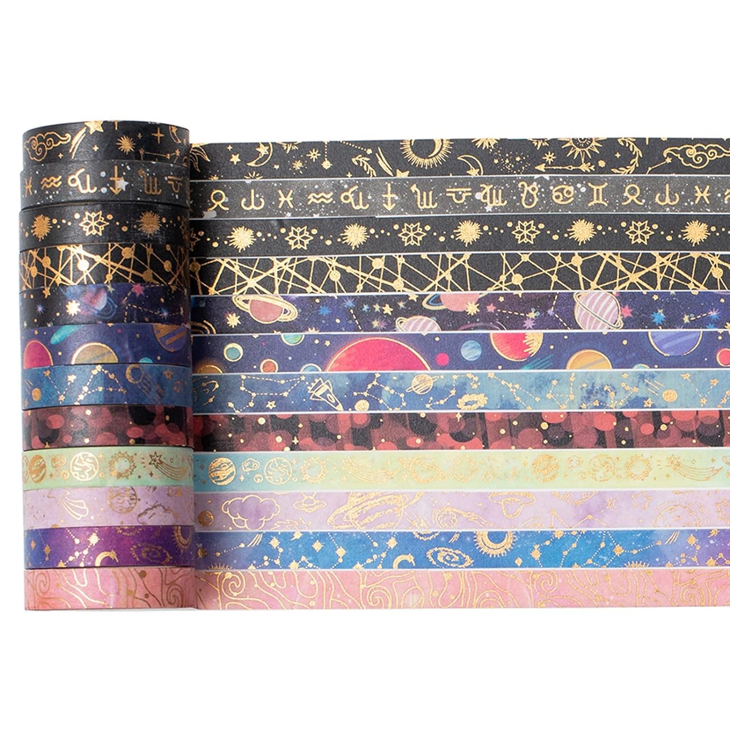 YUBX Skinny Galaxy Washi Tape Set 30 Rolls Gold Foil Decorative Starry Space Masking Tapes for Arts, DIY Crafts, Journals, Planners, Scrapbook, Wrapping