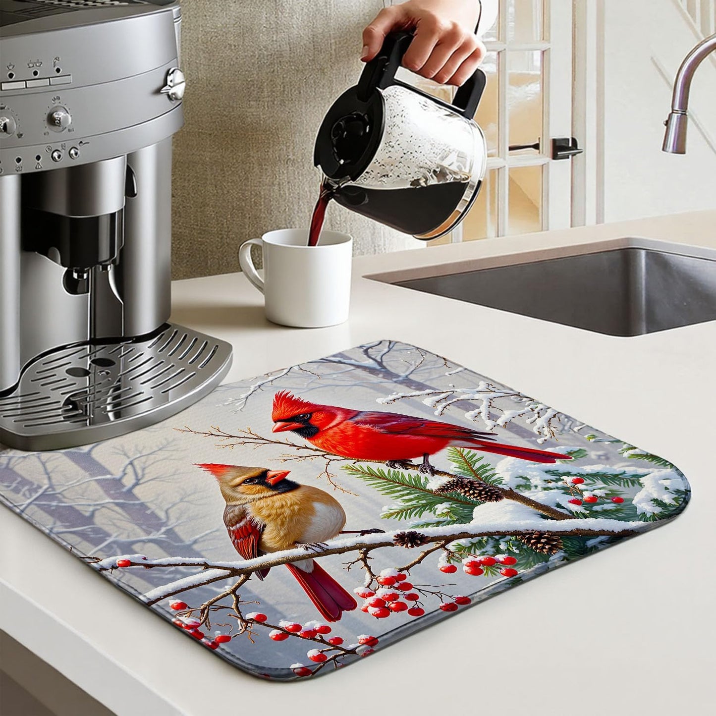 Christmas Drying Mat for Kitchen Counter 16" X 18" Christmas Dish Drying Mat for Kitchen Decor Birds Xmas Drying Mats For Home Counter Drying Mats For Dishes Dish Mat Drying Mat