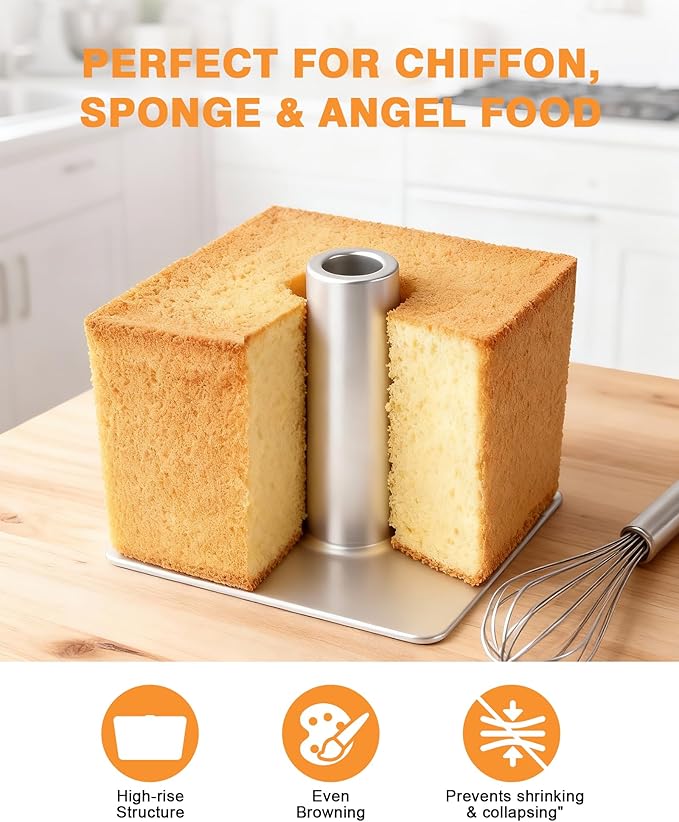 Roicaholy Square Angel Food Cake Pan with Removable Bottom, 9.5 Inch Aluminum Alloy Tube Pan with Cooling Feet, 24-Cup Capacity for Chiffon and Sponge Cakes