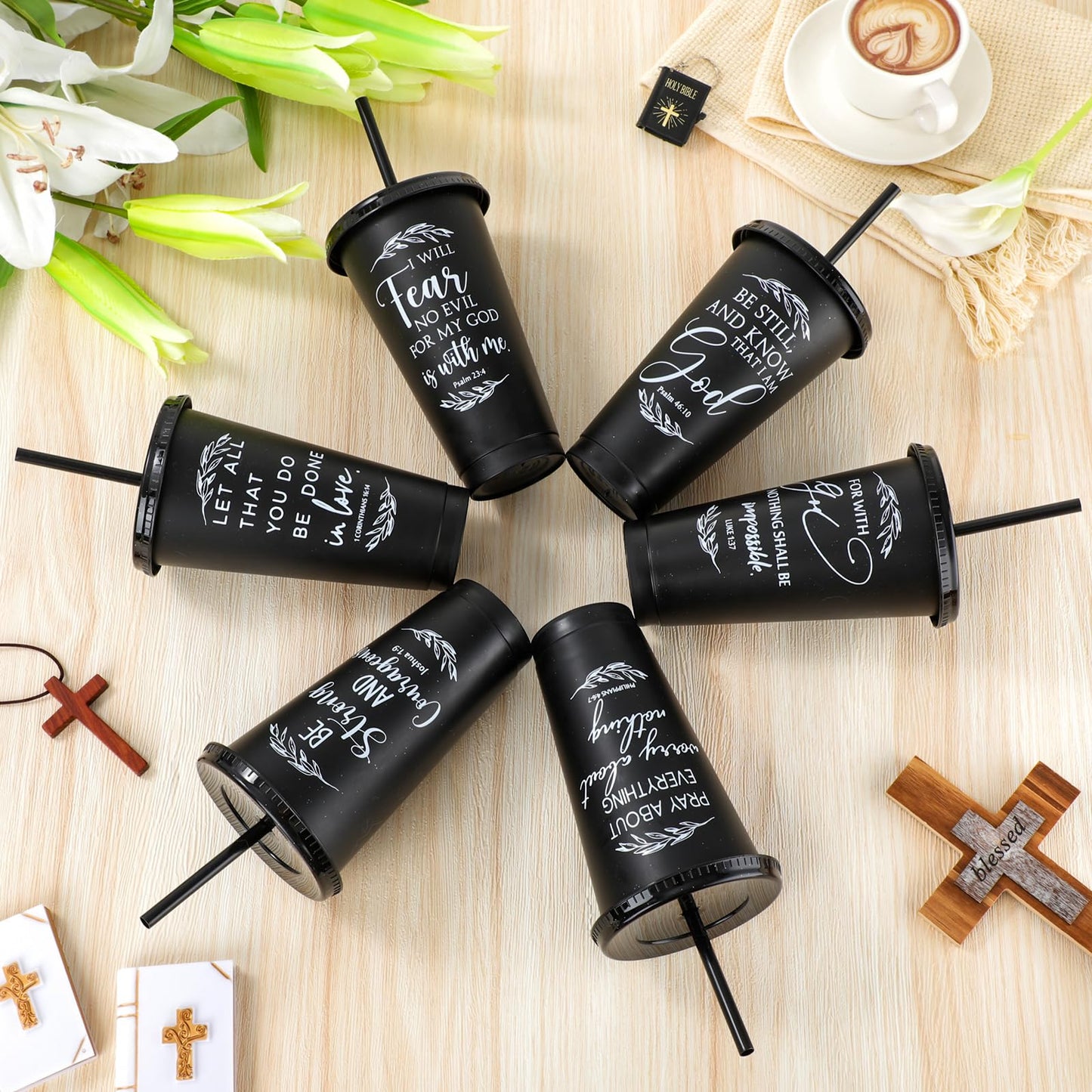 Havawish Inspirational Christian Gift Bible Verse Tumbler Bulk 24 oz Drinking Tumblers with Lid Straw Religious Plastic Cup for Grandparent Day Women Men Sunday School Church Xmas(Black,24)