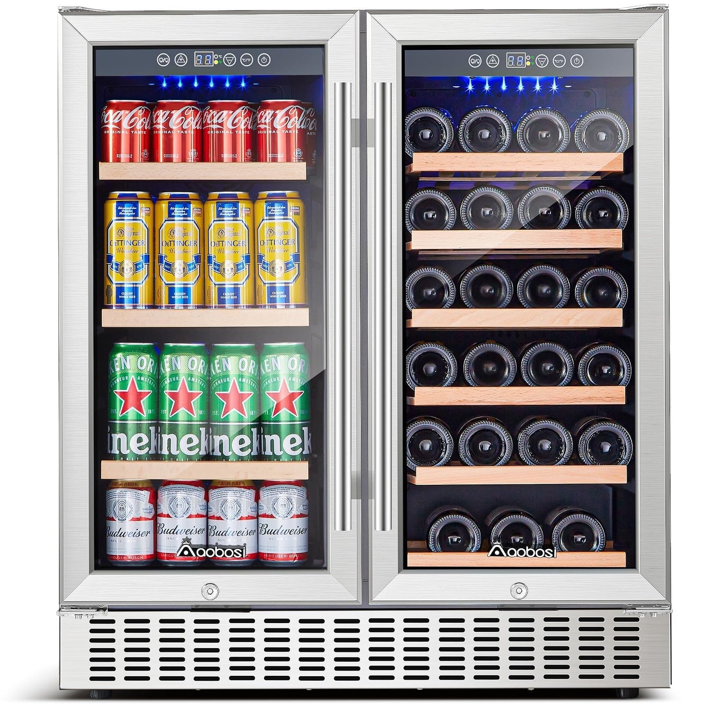 AAOBOSI 30 Inch Dual Zone Wine and Beverage Cooler,28 Bottles & 110 Cans Wine Fridge,Built-in and Freestanding,Removable Fashion Wooden Frame,Intelligent Digital Temperatrue Control,Low Noise
