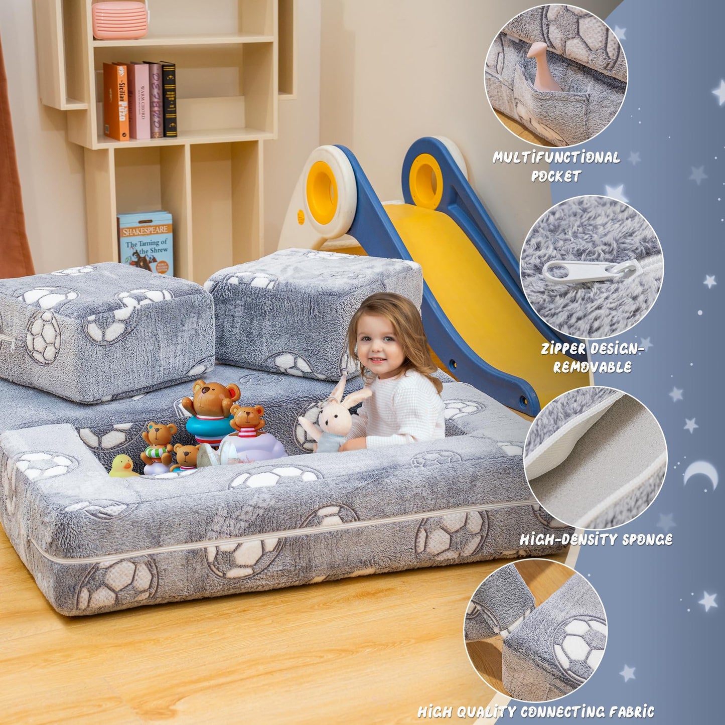 Lamerge Toddler Couch Glow in The Dark Toddler Fold Out Couch for playroom, Convertible Baby Fold Out Play Foam and Floor Cushion for Bedroom (Grey+Football)