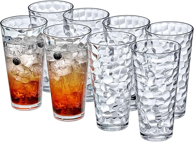 Amazing Abby - Iceberg - 24-Ounce Plastic Tumblers (Set of 8), Plastic Drinking Glasses, All-Clear High-Balls, Reusable Cu...