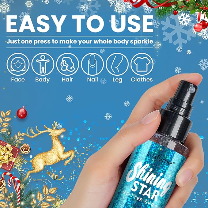 MEICOLY Blue Body Glitter Spray,100ML(3.53OZ),Liquid Glitter Hairspray,Sparkle Hair Spray,Glitter Spray for Hair/Body/Clothes,Body Shimmer for Skin,Lightweight,Long Lasting