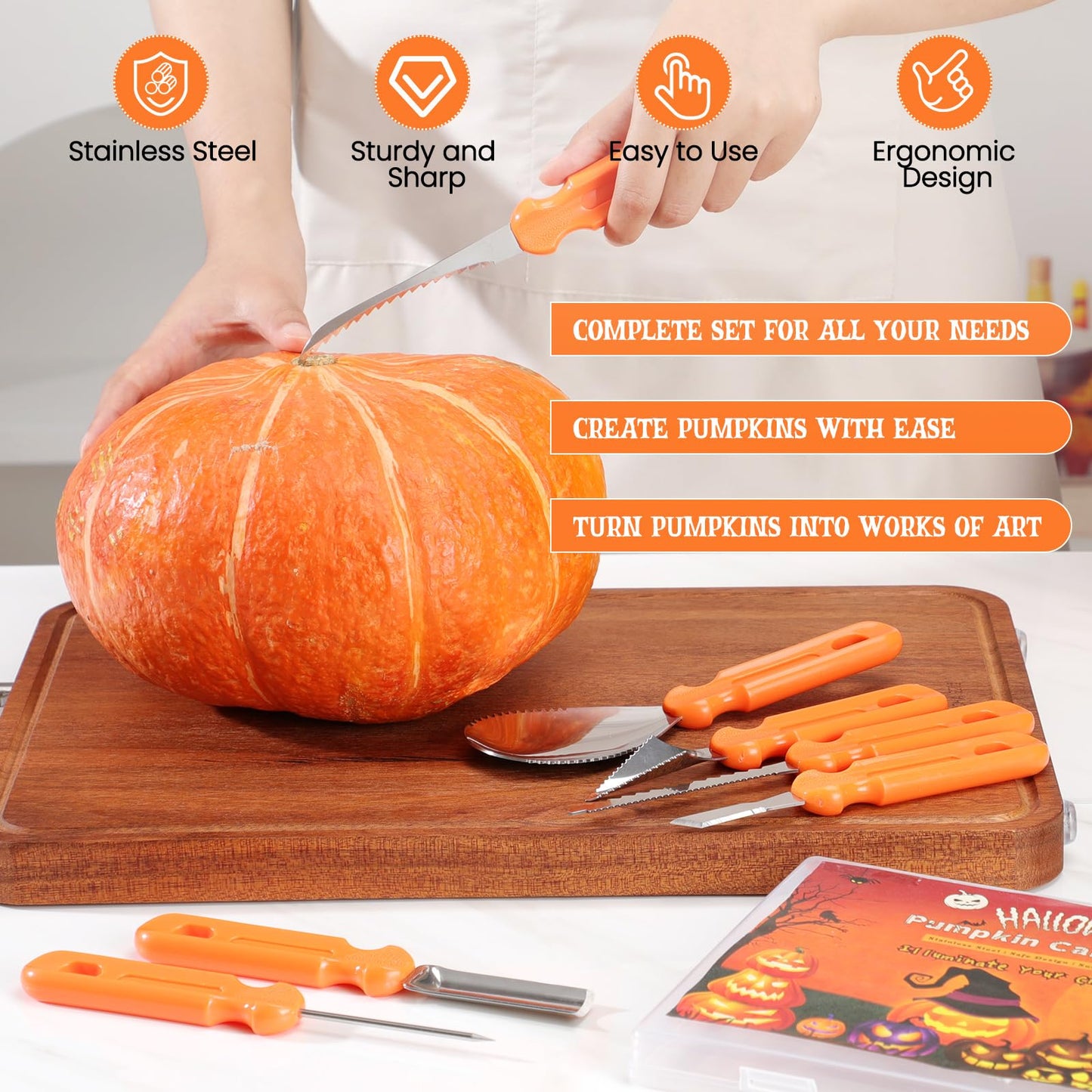 Alinnart Pumpkin Carving Kit, Professional Stainless Steel Carving Tools for Halloween, 7 Piece Heavy Duty Jack-O-Lantern Decoration Sculpting Knife Set for Adults and Kids