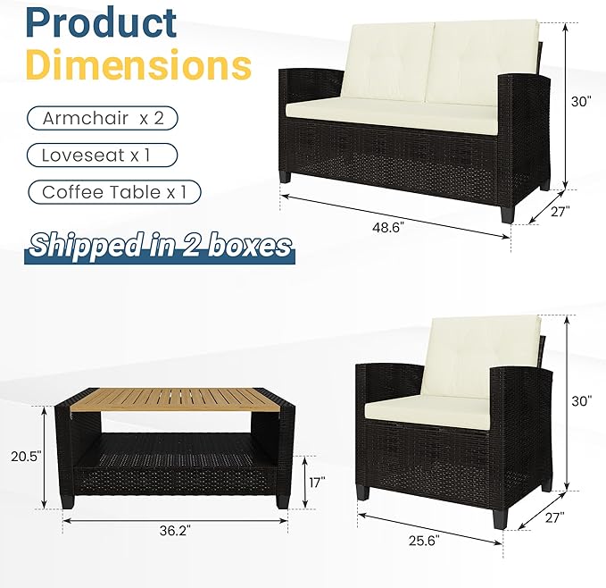 Wisteria Lane 4 Piece Patio Furniture Set, Wicker Outdoor Patio Conversation Furniture Set, All Weather Outdoor Patio Sofa with Cushion and Wood Table, Beige