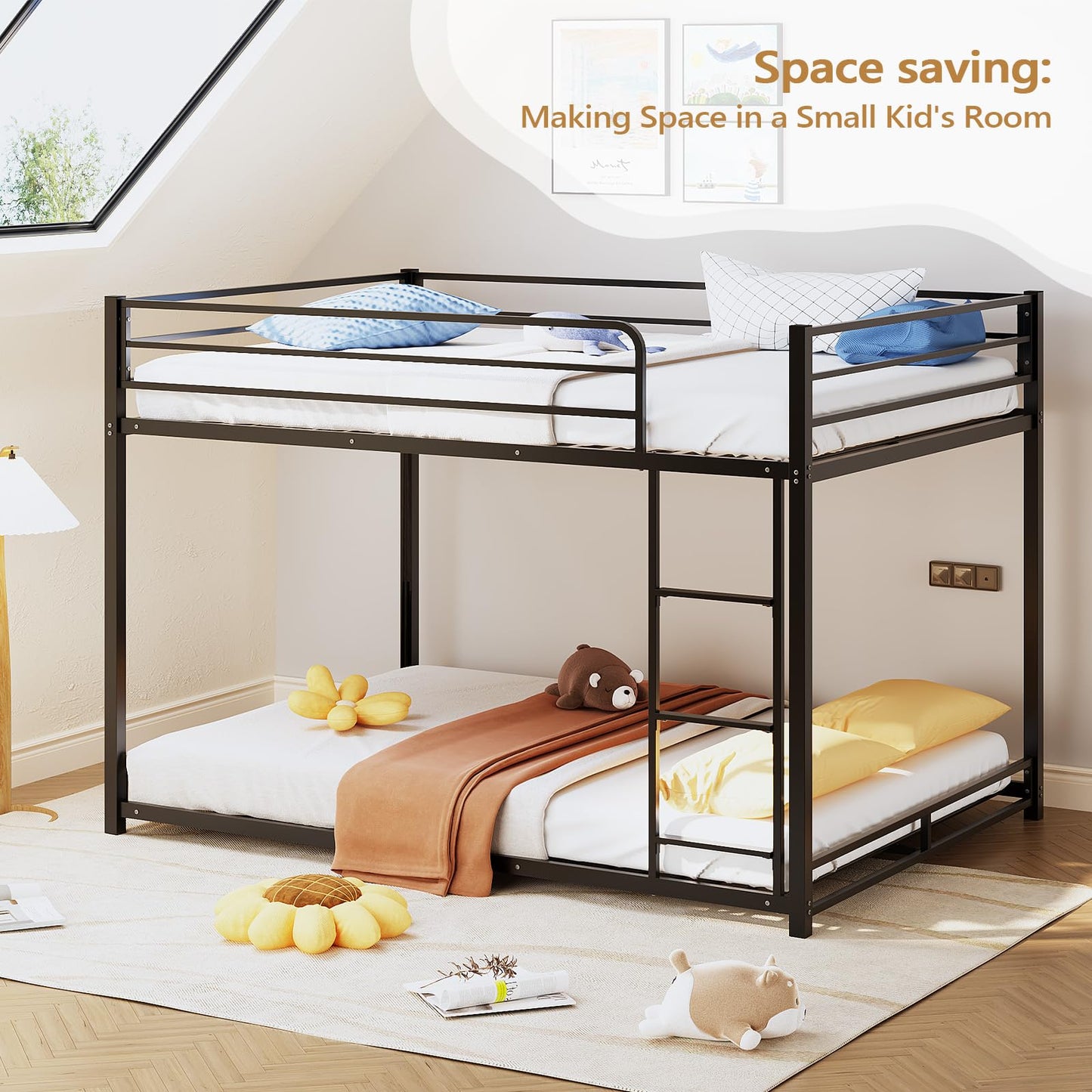 JOYMOR Metal Bunk Bed Full Over Full, Twin Size Bed Frame for Boys Girls, Junior, Low Profile Bunk, Space Saving Design, Mattress Not Included (Black)