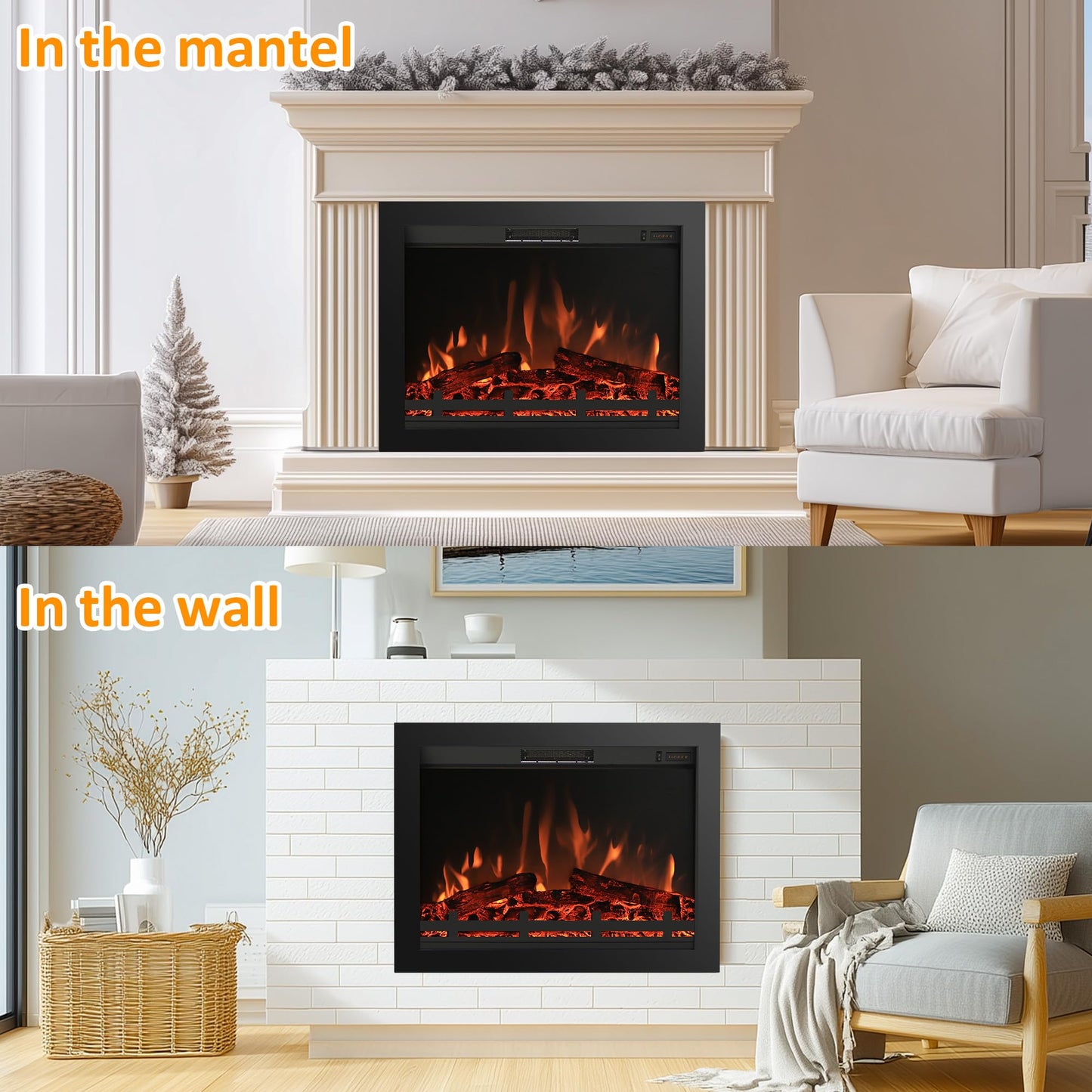Rodalflame 25.3" Back Width Electric Fireplace Insert with 4 Flames Brightness & 750/1500W, Overheat Protection, No Glass Design