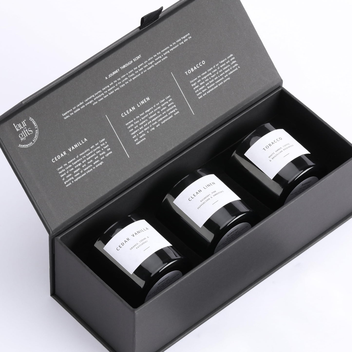 Scented Candles for Men – Masculine Candle Gift Set of 3 with Tobacco, Cedar Vanilla & Clean Linen – Luxury Black Candles Gift Box, Birthday Gifts for Men, Candles for Boyfriend, Christmas Gifts