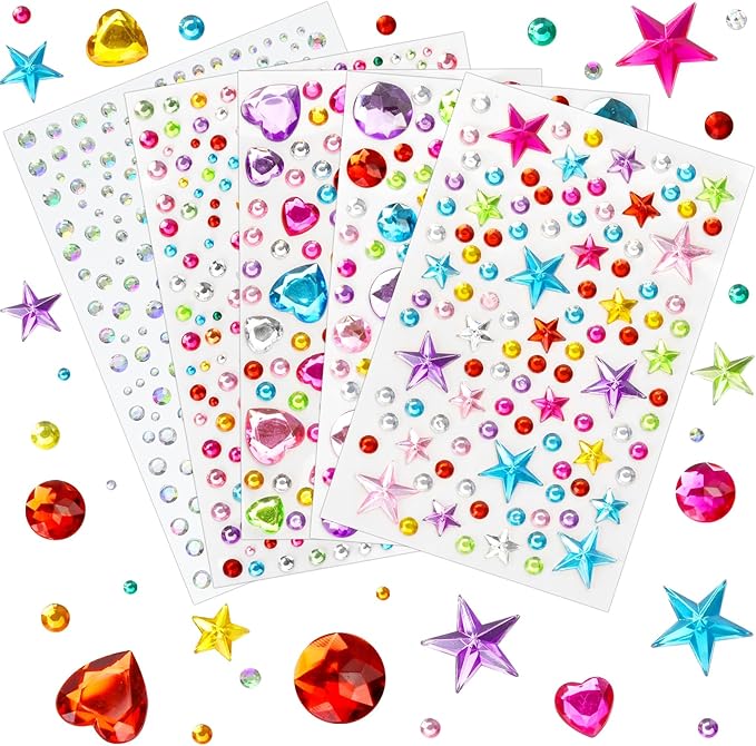 Valentines Gem Stickers Rhinestones for Crafts Scrapbook Supplies, Sparkling Cute Star Heart Round Small Stickers, Glitter...