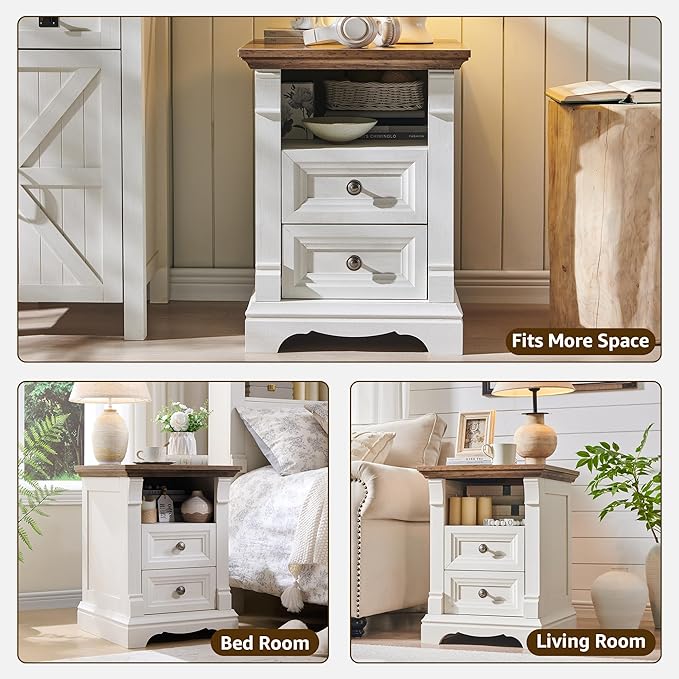 T4TREAM Farmhouse Nightstand Set of 2, 18" End Table with 2 Drawers Storage, Wood Side Table w/Roman Column, Bedside Cabinet for Bedroom, Living Room, Antique White