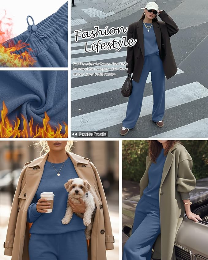 Sweetyweee Women's 2 Piece Outfits Set Fleece Lined Lounge Sweatsuit Crewneck Pullover Top Wide Leg Pants Casual Tracksuit