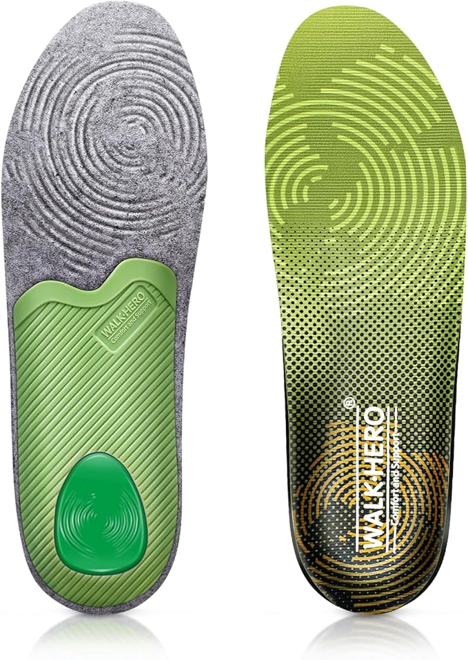 WalkHero Plantar Fasciitis Insoles - Medium Arch Support Inserts for Men & Women with Comfort Cushion | Orthotic Inserts to Relieve Foot Pain and Provide Shock Absorption (Green) Mens 14-14 1/2