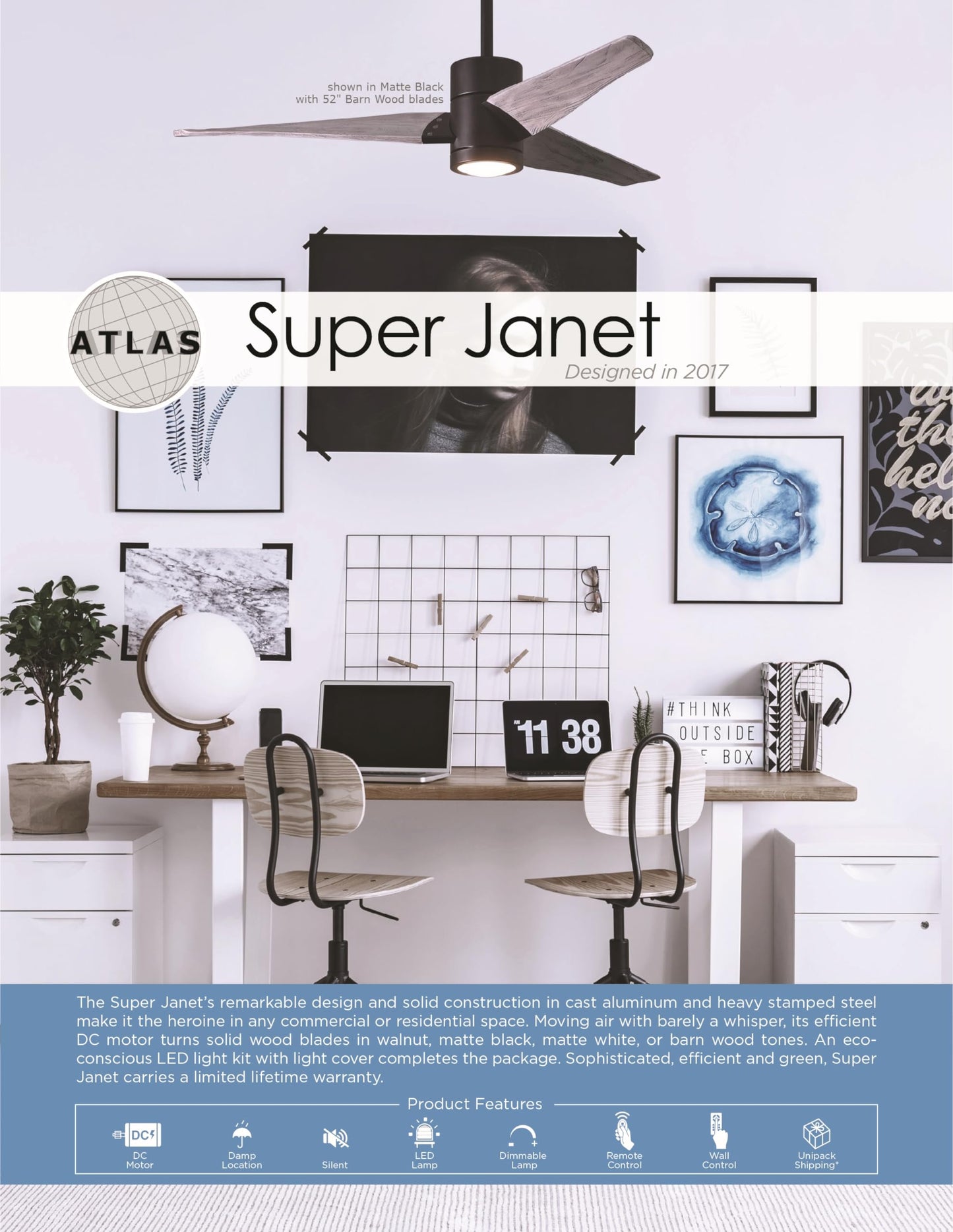 Matthews Sj-Bn-Wn-60 Super Janet Outdoor/Indoor Damp Rated 60 Ceiling Fan With Led Light And Remote & Wall Control, Silent Dc Mo