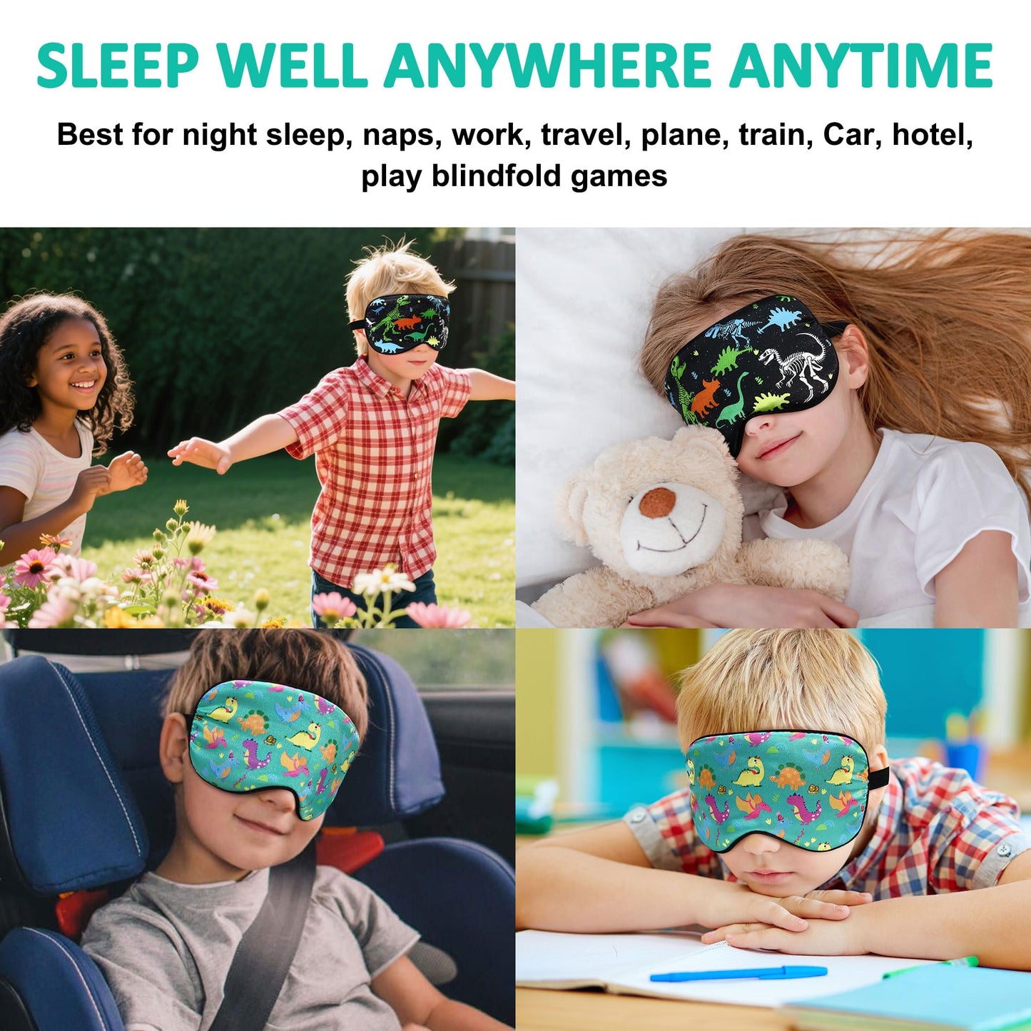 2 Pcs Sleep Mask,Cute Dinosaur World Blackout Sleeping Mask for Kids Teen Adult,Funny Eye Mask with Adjustable Strap for Home Party Children's Travel Soft Eye Cover Blindfold (Black+Green)
