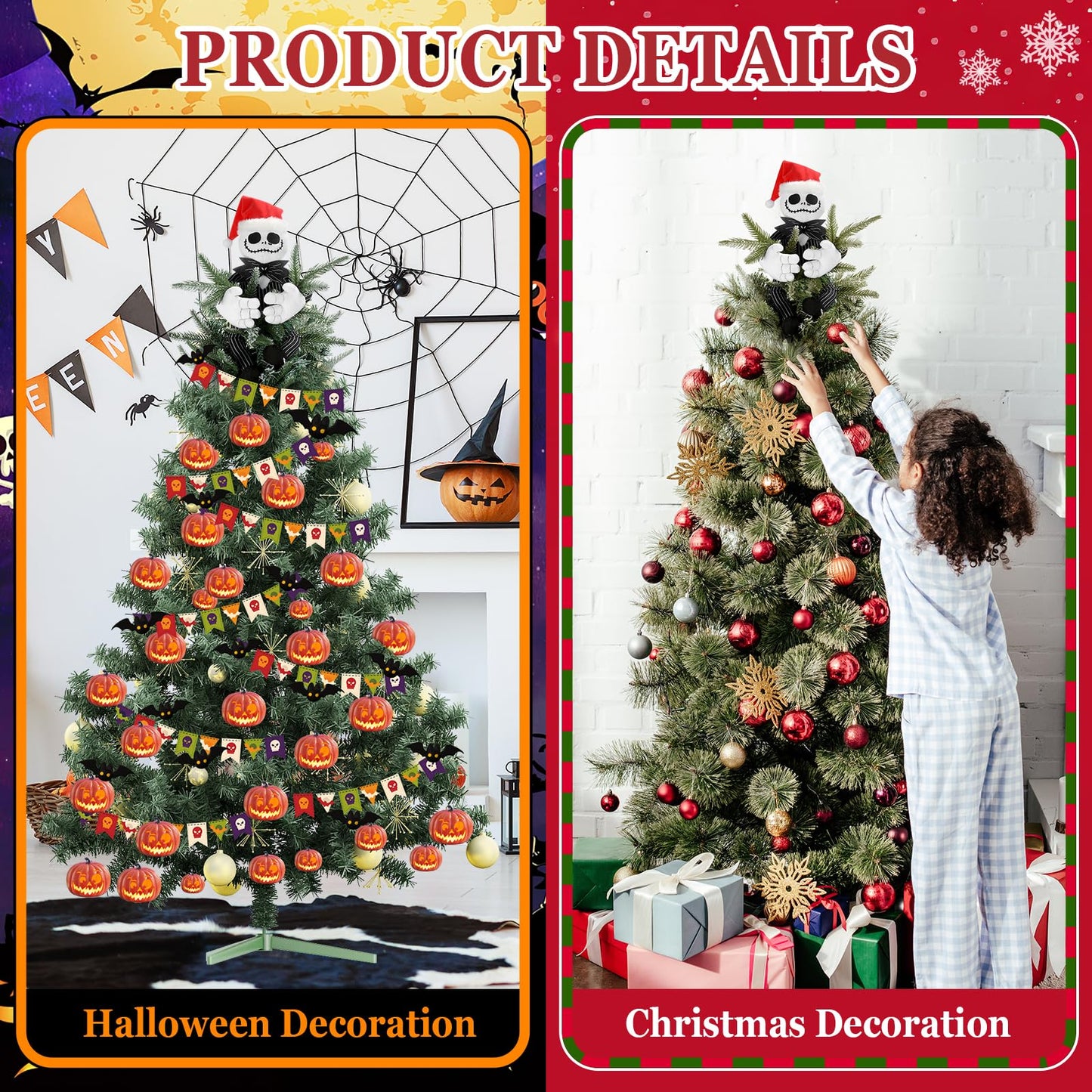 Tree Topper Decorations for Halloween and Christmas, Cute Plush Jack Huggers with Santa Hat, Poseable Handmade Tree Topper Party Decor