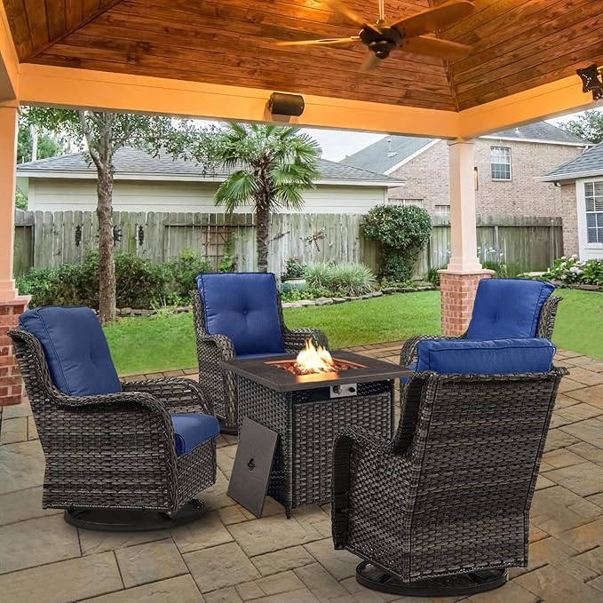 Belord 5 Pieces Patio Wicker Furniture Set - 4 Outdoor Swivel Rocker Glider Chairs with Propane Fire Pit Table, Patio Conversation Set Blue Cushion Perfect for Casual Gathering