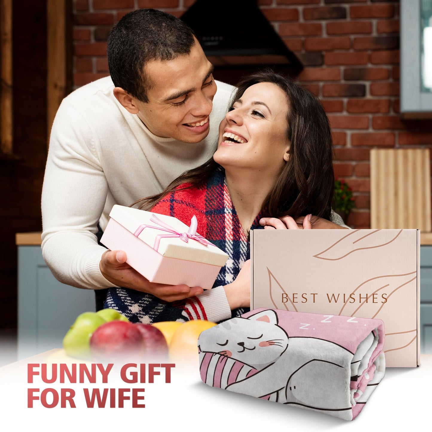 GoMelley Funny Gift for Wife from Husband, Wife Birthday Gift Ideas, Cute Cat Pink Flannel Blanket, Wedding Anniversary Romantic Gifts for Women, Christmas Valentines Day Gifts for Her, 60”× 50”（Pink）