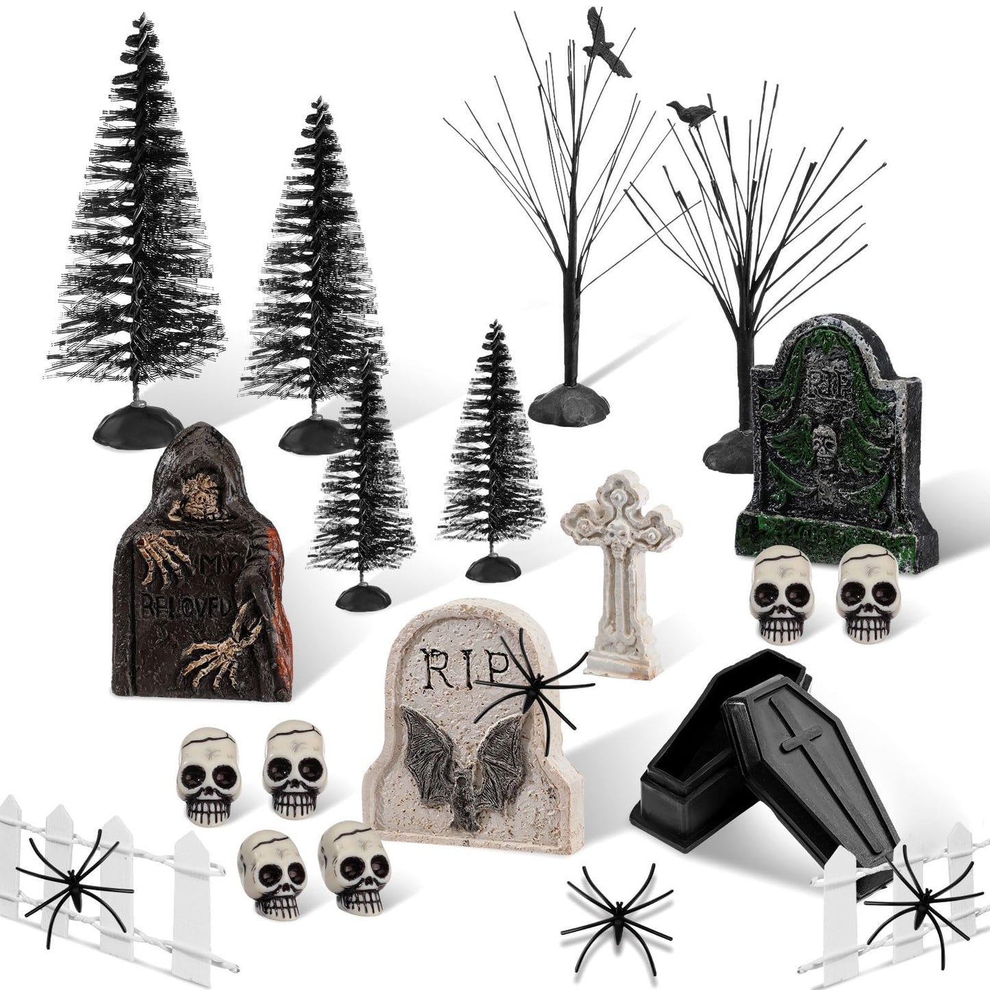 Liliful 32 Pcs Halloween Village Accessories Ornaments Set Spooky Halloween Town Tombstones Skeleton Tiny Trees Fake Spiders Decor Village Set for Party Town Decorations