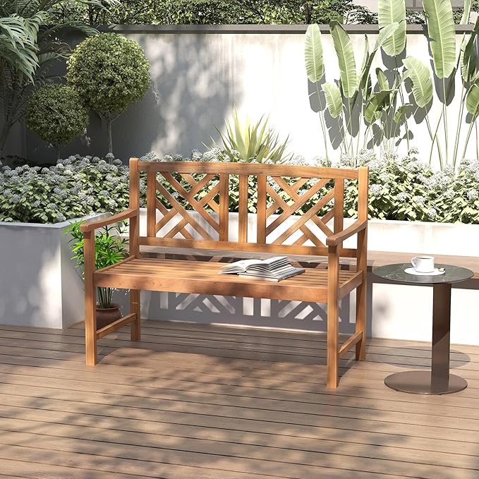 COSTWAY Outdoor Wooden Bench, Outdoor Acacia Wood Loveseat with Curved Armrest & Backrest, Sturdy Wood Bench for Garden, Park & Porch, 47.5"x 22" x 34”